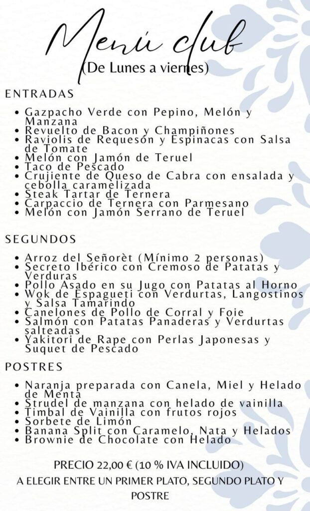 Menú Restaurante Club de golf de Jávea